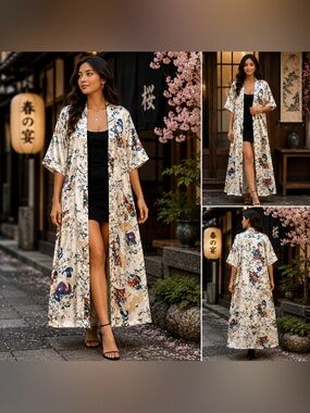 Vintage Kimono Robe Lian Lin Geisha Size Large Cherry Blossom Floral Print